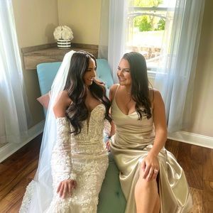 Birdie grey champagne satin jay dress two small stains from bouquet